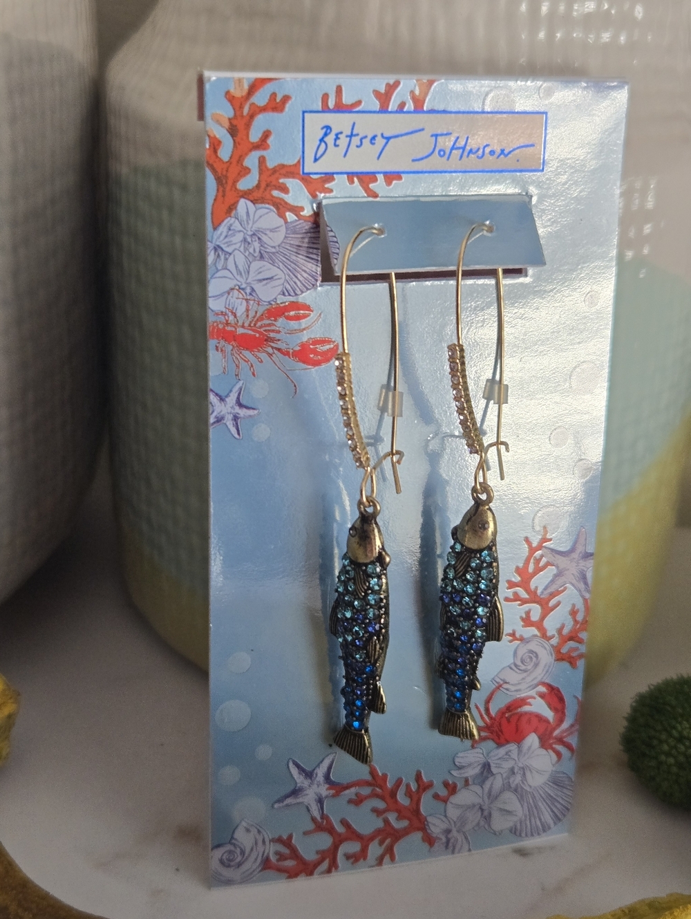 NWT Betsey Johnson Crystal Fish Dangle Drop Earrinfs